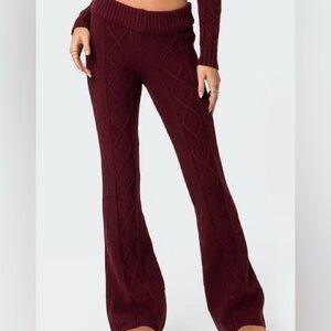 BNWT Edikted Ray Cable Knit Flared Pants Burgundy Size Medium